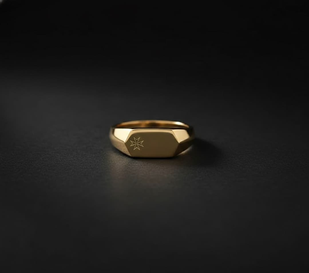 Alpha Ring — hexagonal men's signet ring in gold — product